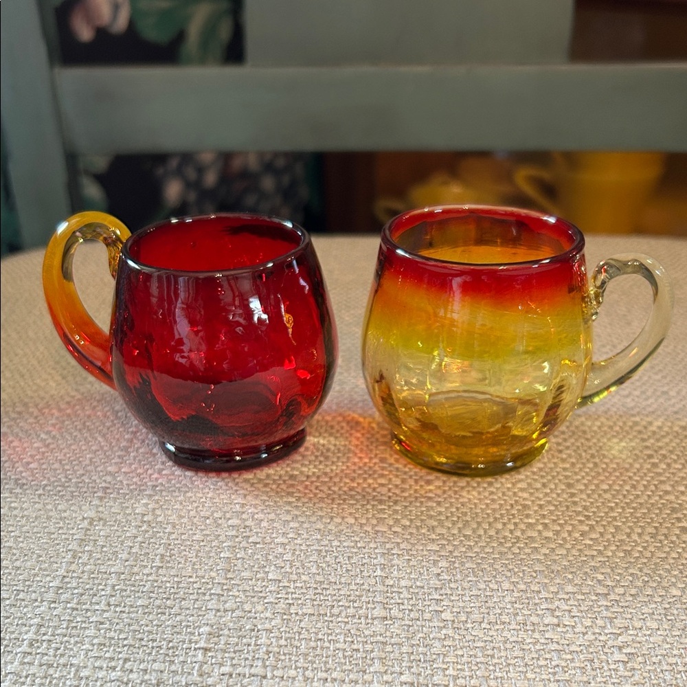Vintage Amberina Art Glass Cups with Handles, Hand Blown Set of 2